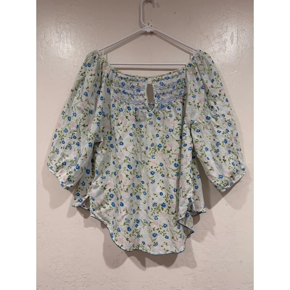 Abercrombie & Fitch Floral Smocked Cotton Peasant Blouse Blue White Large